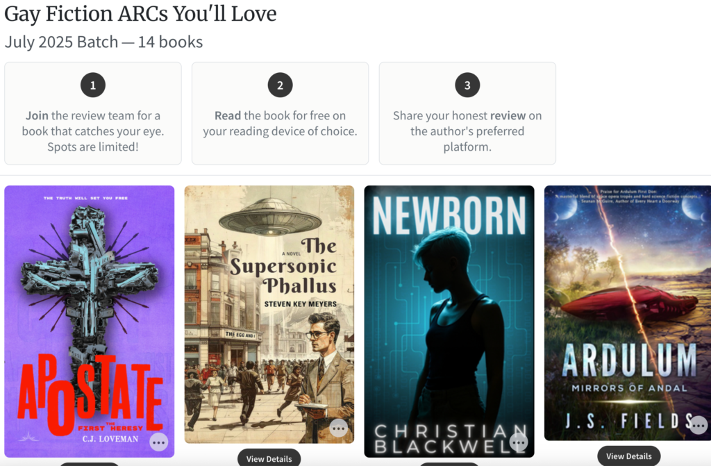 Screenshot of BookSirens Gay Fiction ARCs You'll Love bundle featuring Apostate: The First Heresy by C.J. Loveman.
